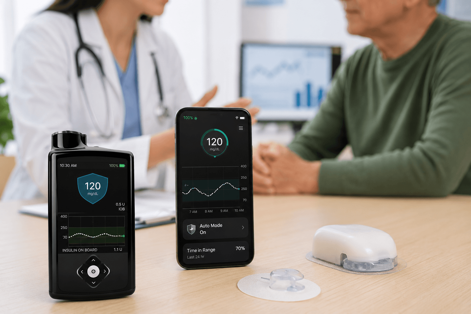 Doctor discussing automated insulin delivery technology with a type 2 diabetes patient while reviewing glucose monitoring data in a primary care clinic