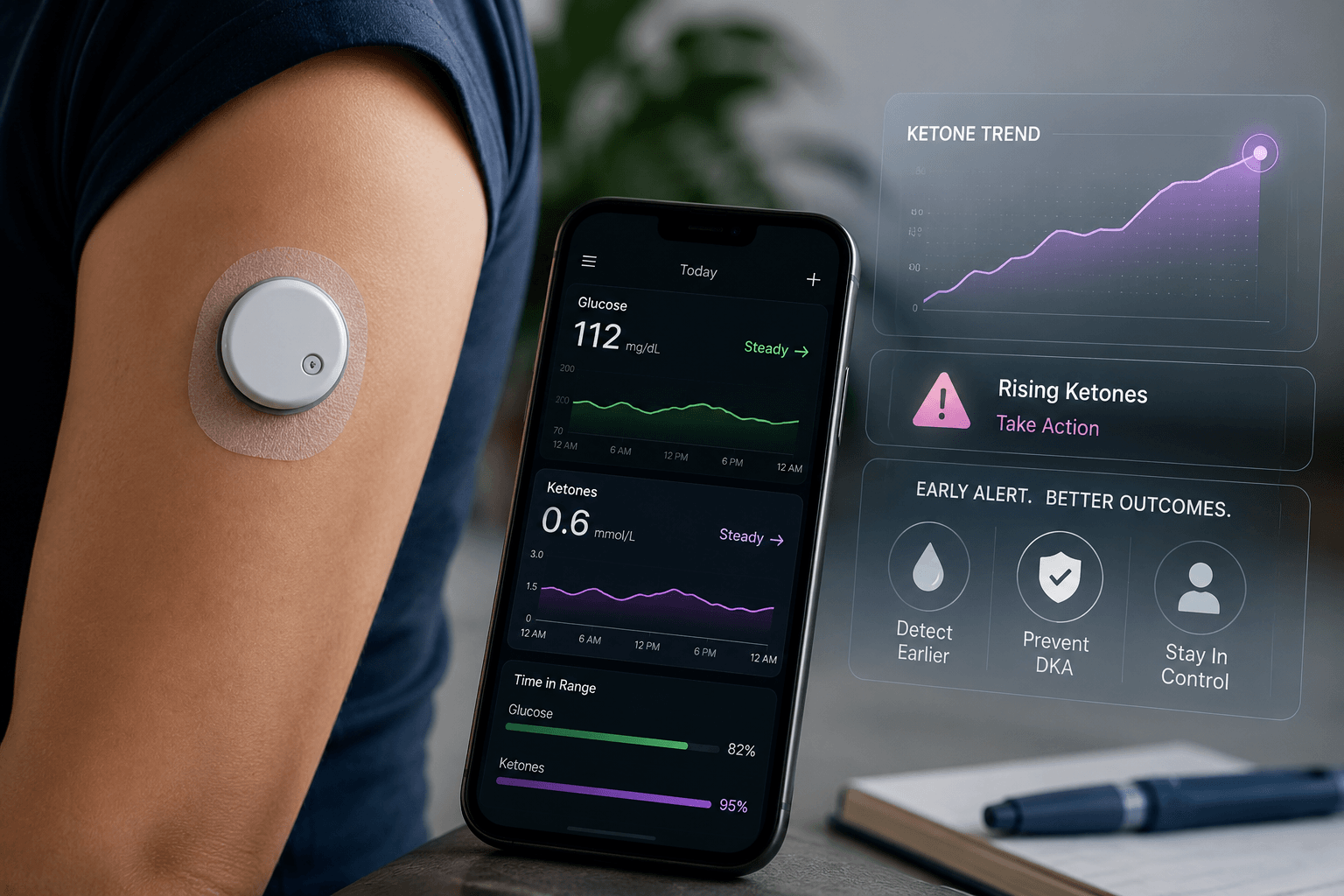 Patient wearing a continuous ketone monitoring sensor while reviewing real-time glucose and ketone data on a smartphone app designed to help detect rising DKA risk.