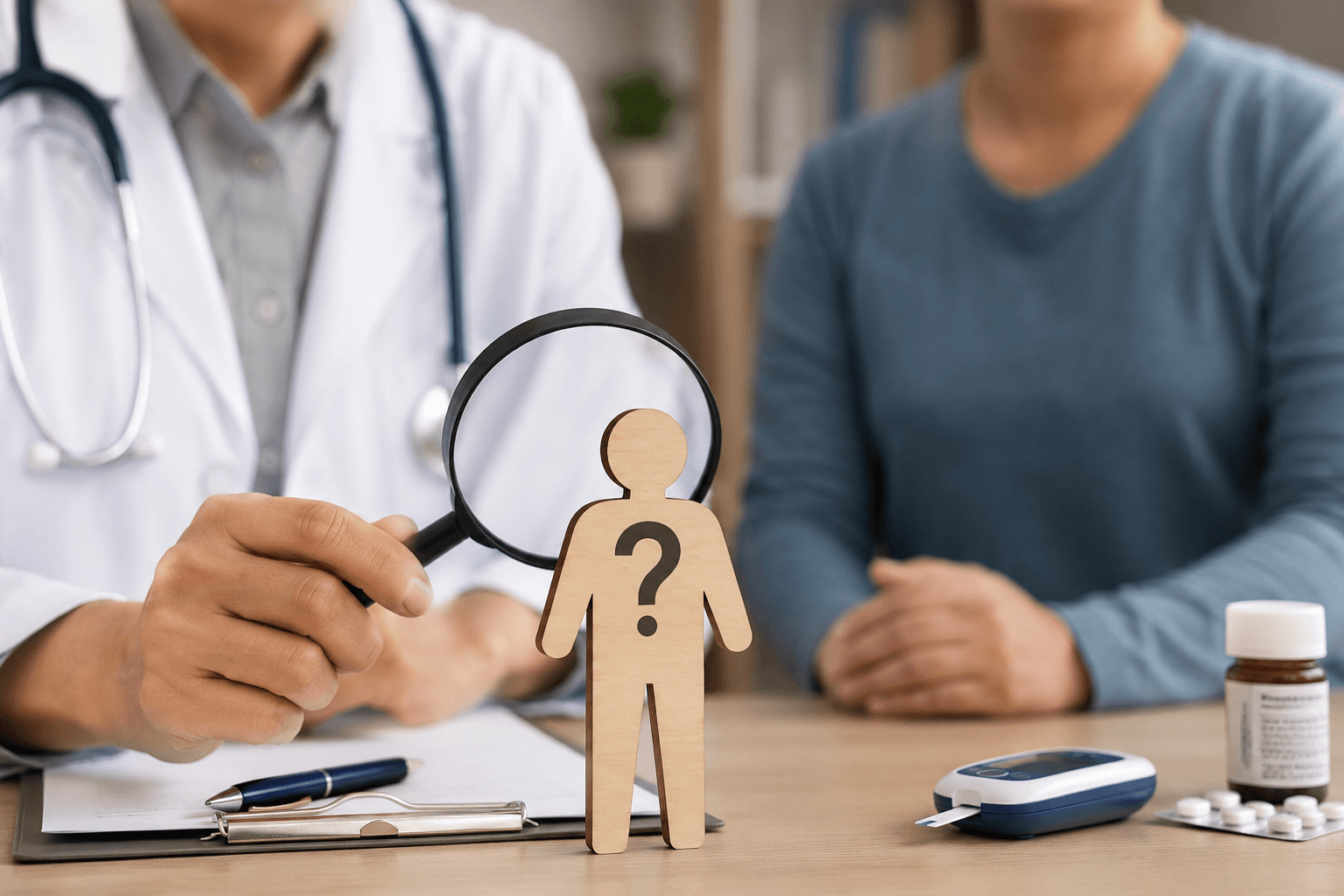 Doctor reviewing a patient for possible diabetes misdiagnosis using diagnostic tools in a clinical setting
