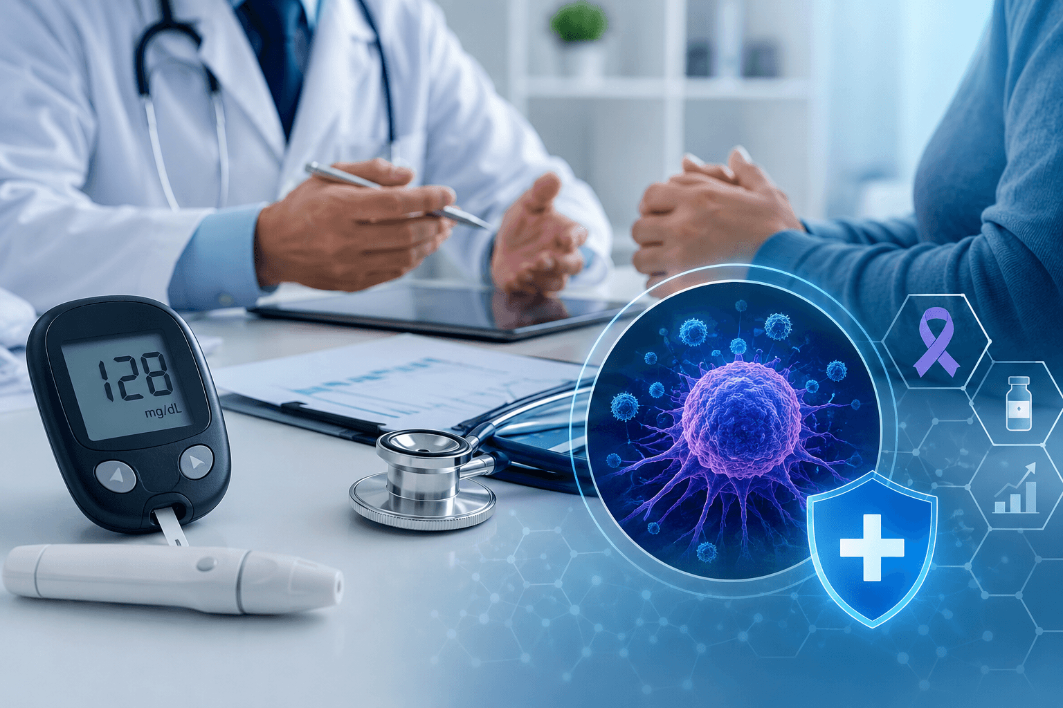 Doctor discussing diabetes oncology care with a cancer patient while reviewing glucose monitoring and immunotherapy-related hyperglycemia risks.