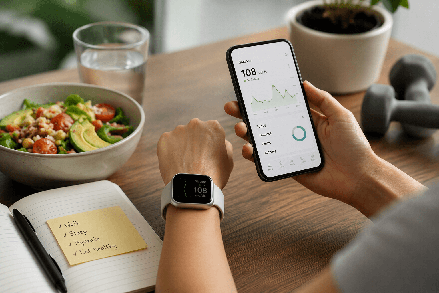 Person using wearable glucose monitoring technology and smartphone app to track metabolic health and prediabetes risk