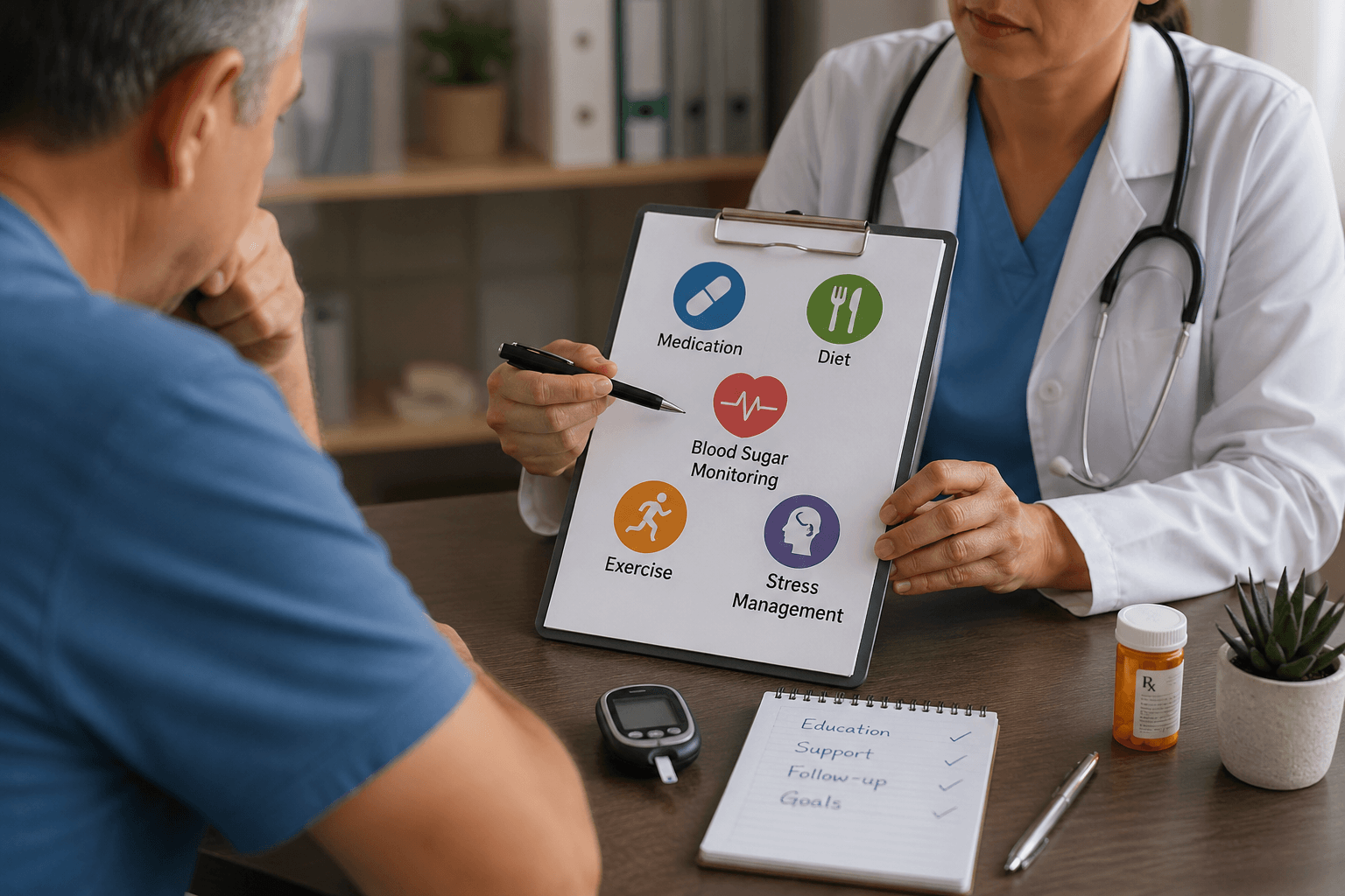 Doctor discussing diabetes treatment plan and adherence strategies with a patient during a clinical consultation