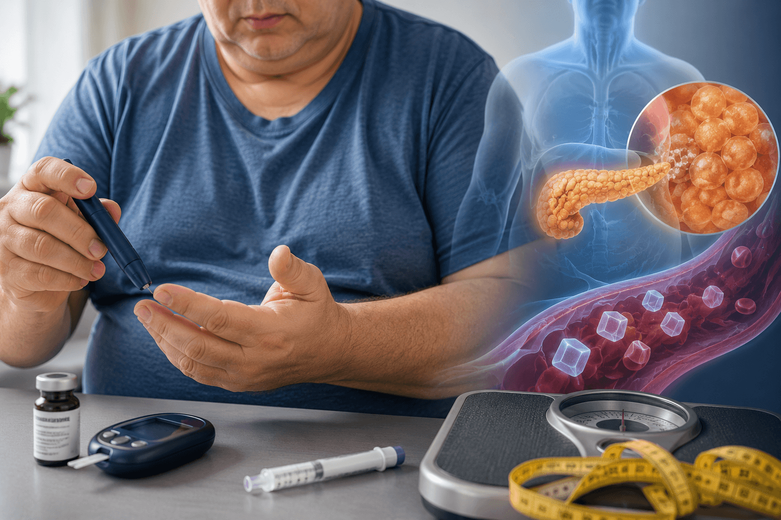 Adult with type 1 diabetes checking blood sugar levels alongside obesity and insulin resistance health concepts
