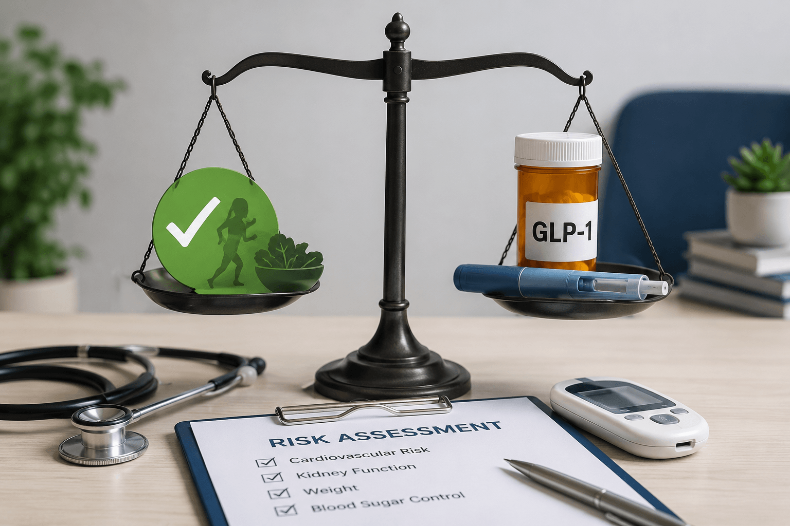 Balance scale comparing healthy lifestyle habits and GLP-1 diabetes medications in a modern medical office setting