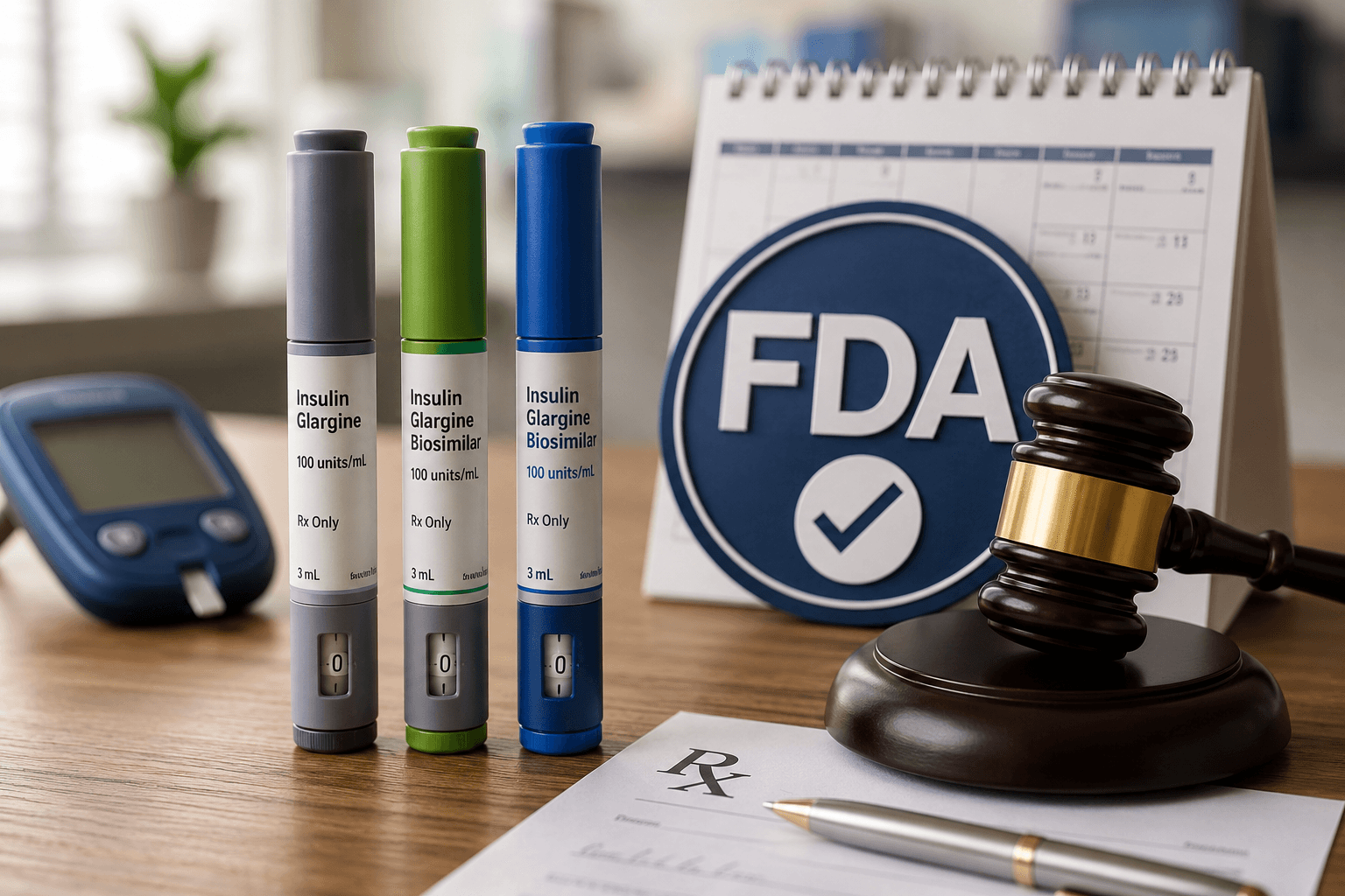 Insulin pens beside an FDA symbol and prescription form representing interchangeable insulin biosimilars and pharmacy-level insulin switching in diabetes care.