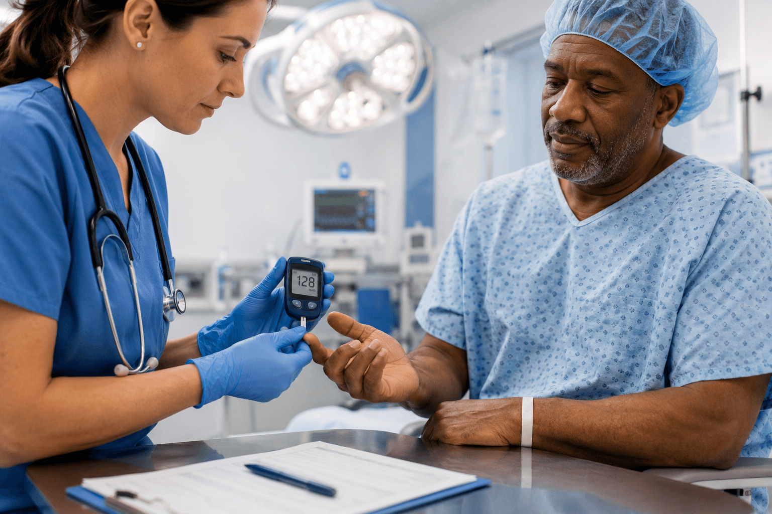 Nurse performing perioperative diabetes screening on a surgical patient in a hospital before surgery