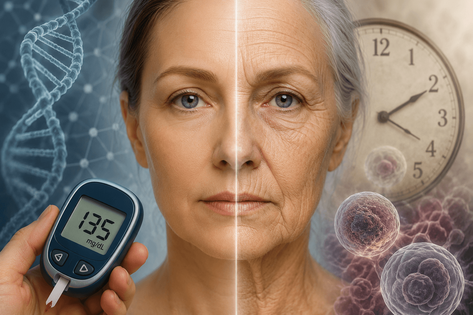 Split-face medical illustration showing a woman with youthful features on one side and advanced aging on the other, alongside DNA strands, a glucose meter, and cellular imagery representing accelerated biological aging in diabetes.