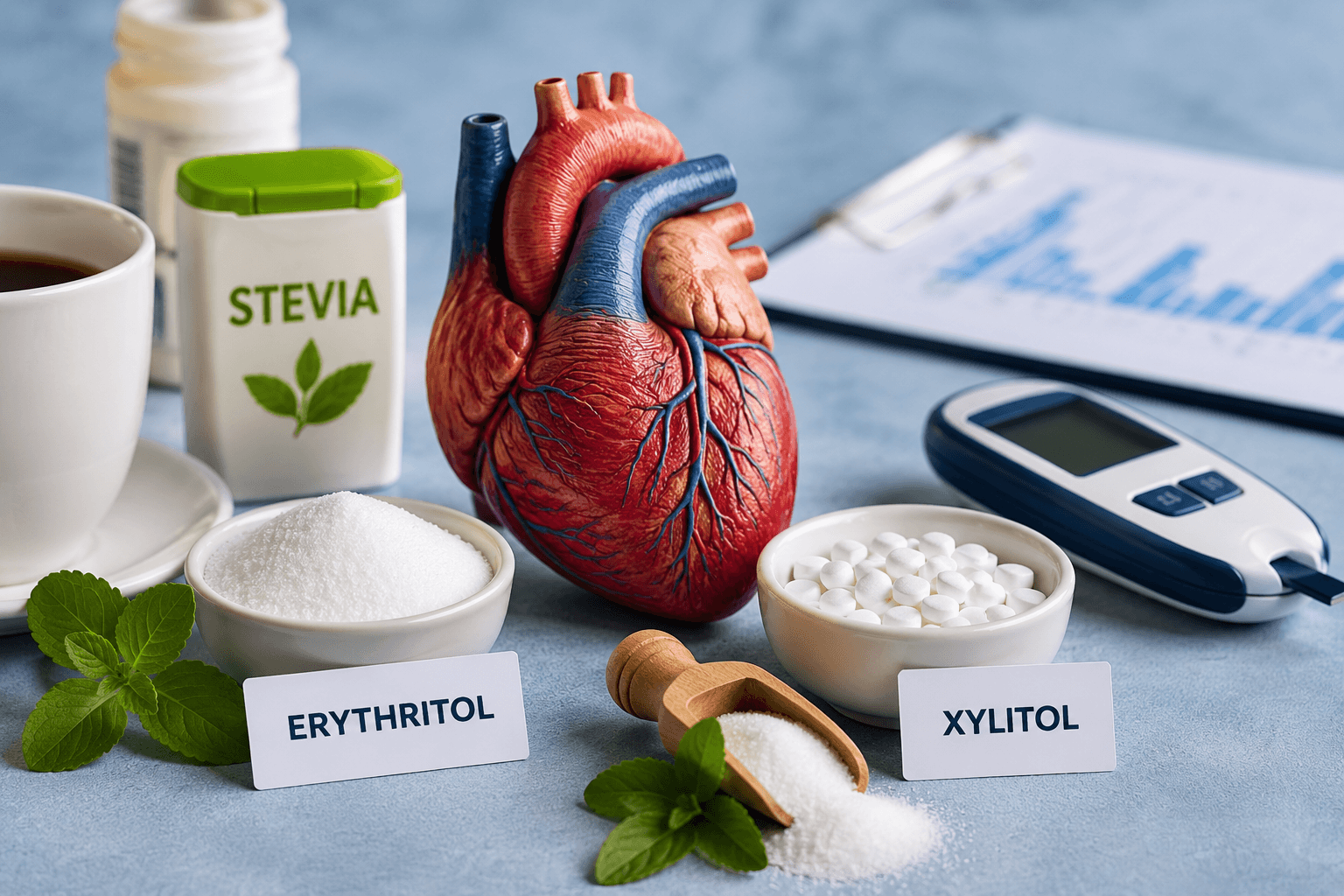 An anatomical heart model surrounded by erythritol, xylitol, stevia, and a blood glucose meter, illustrating the potential link between artificial sweeteners and cardiovascular risk in people with diabetes.
