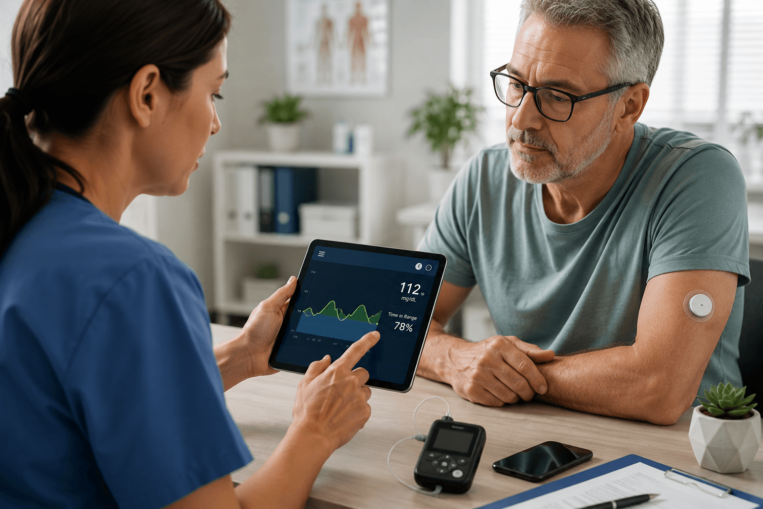 Diabetes specialist reviewing automated insulin delivery system data with a patient during a clinic consultation to improve access and eligibility for advanced diabetes technology.