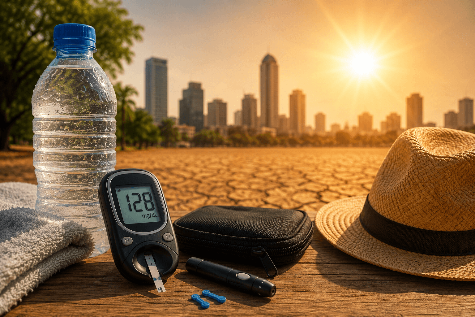 Diabetes supplies and water bottle exposed to extreme summer heat during a climate change-related heat wave