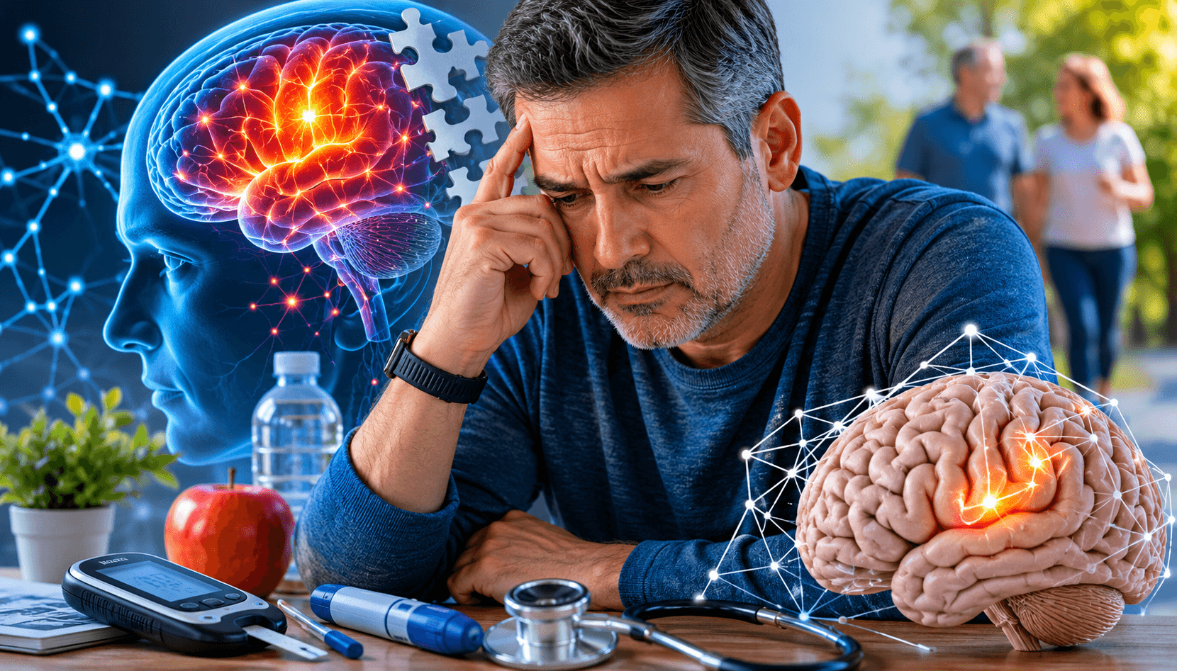 Middle-aged adult with diabetes showing signs of cognitive decline, with brain health visualization and diabetes management tools representing the connection between diabetes and cognitive function.
