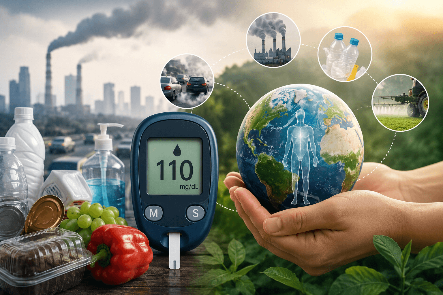 Blood glucose meter beside pollution, plastics, and environmental exposure imagery illustrating environmental diabetes risk and metabolic health concerns.