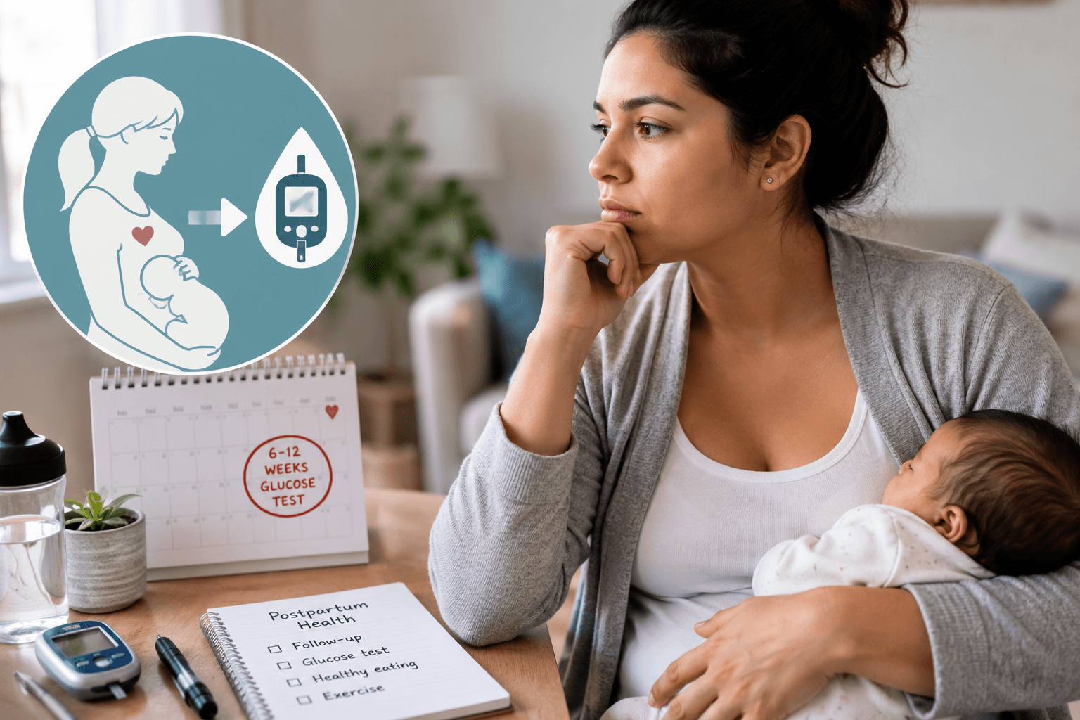 New mother holding her baby while reviewing postpartum diabetes follow-up reminders and glucose screening recommendations after gestational diabetes.