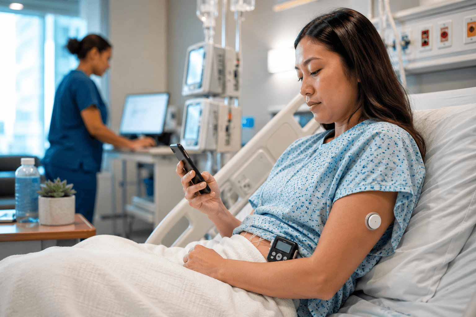 Hospitalized patient using a continuous glucose monitor and insulin pump while reviewing glucose data on a smartphone under clinical supervision in a modern hospital room.