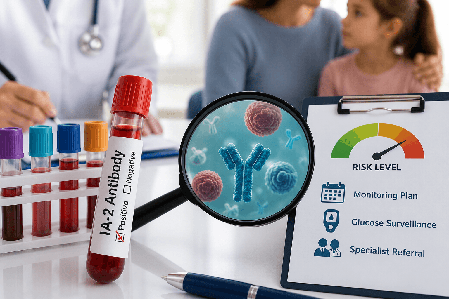 Clinical illustration showing IA-2 autoantibody testing, type 1 diabetes risk assessment, blood sample analysis, and patient monitoring strategies used in islet autoantibody screening risk stratification.