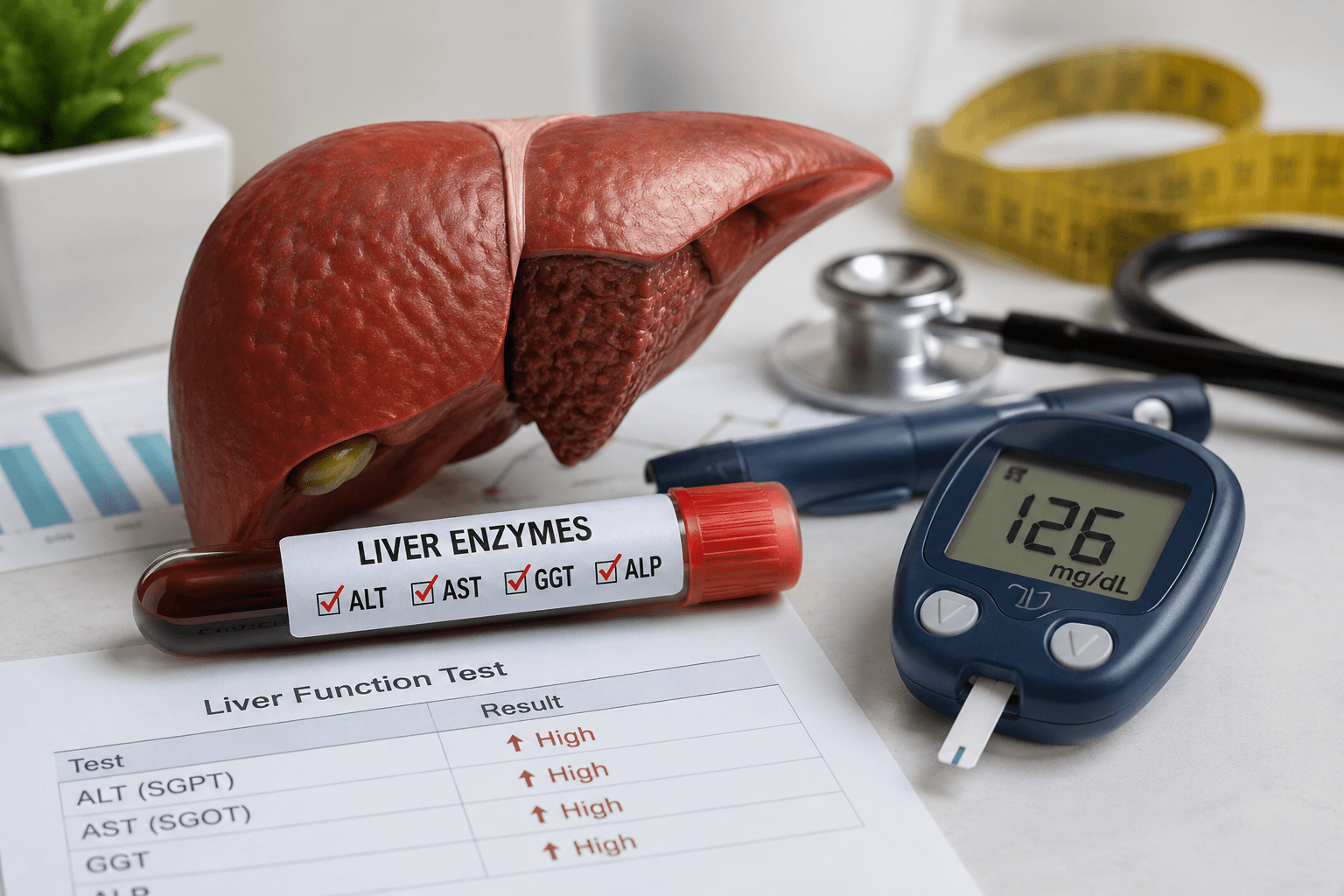 Routine liver enzyme blood test alongside a glucose meter illustrating the connection between liver enzymes and diabetes risk.