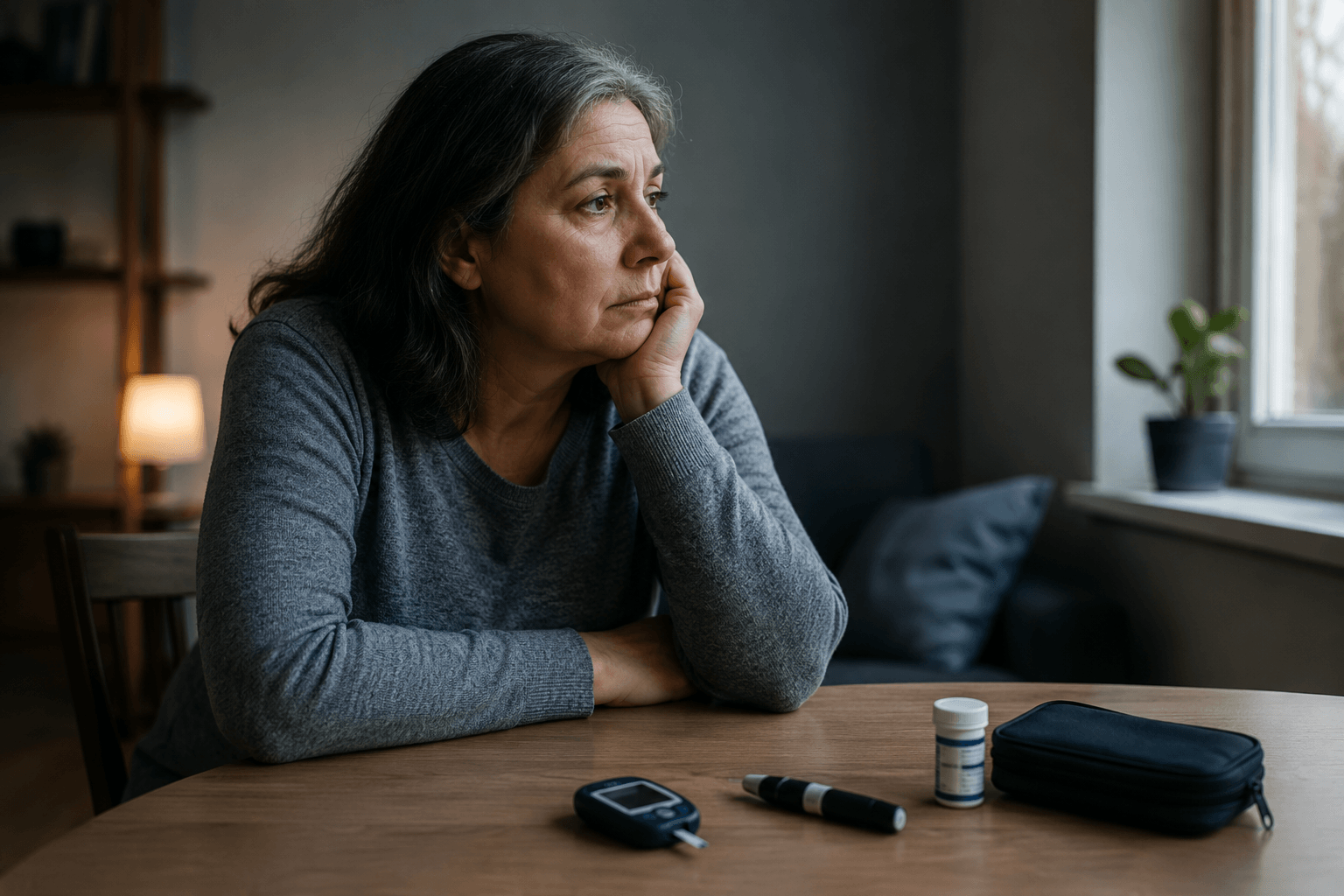 Middle-aged woman with diabetes supplies sitting alone at a table, illustrating the connection between loneliness and diabetes management.