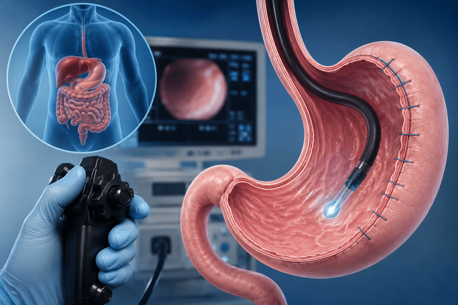 Physician performing a metabolic endoscopy procedure showing endoscopic treatment of the stomach and digestive tract for type 2 diabetes management.