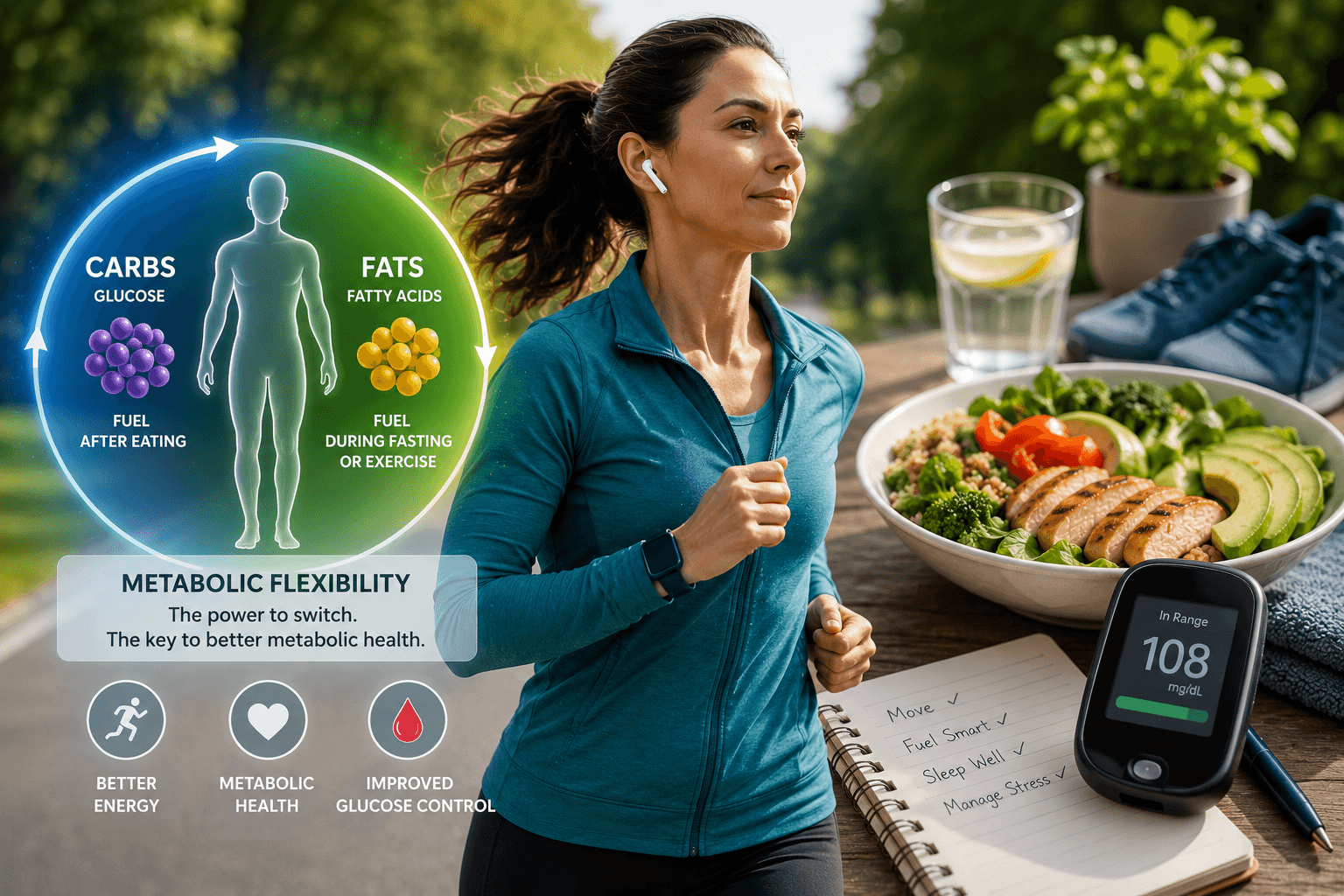 Woman exercising with healthy foods and digital metabolic pathways illustrating metabolic flexibility and fuel switching in diabetes management.