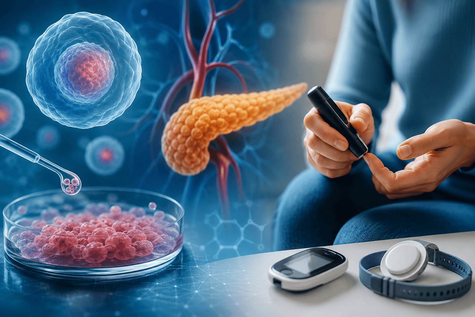 Illustration of stem cell-derived pancreatic islet cells, a pancreas, and a person with type 1 diabetes using a glucose monitor, representing advances in stem cell islet transplant diabetes therapy.