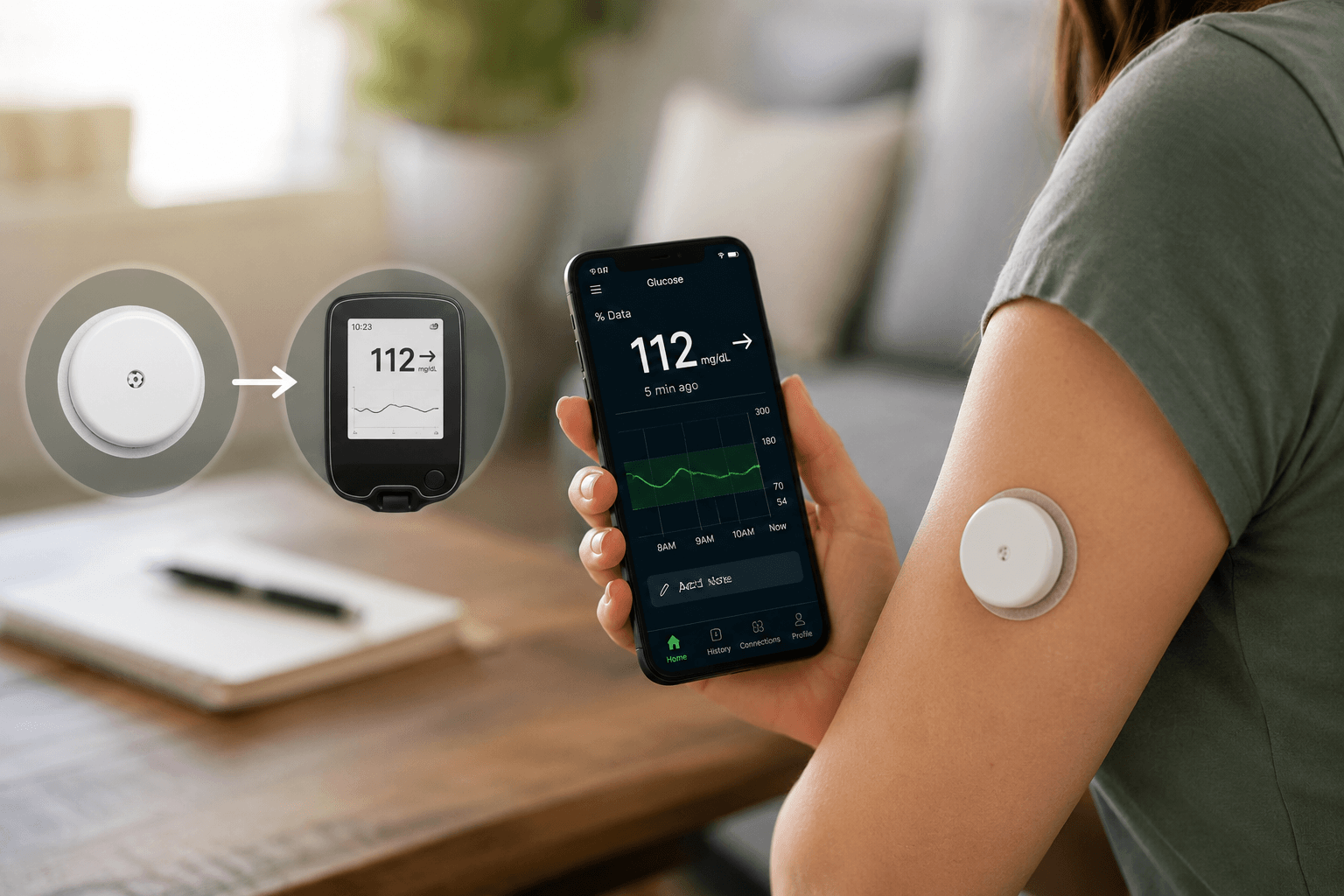 Patient with a continuous glucose monitor reviewing glucose data on a smartphone while transitioning from flash CGM to real-time CGM technology.