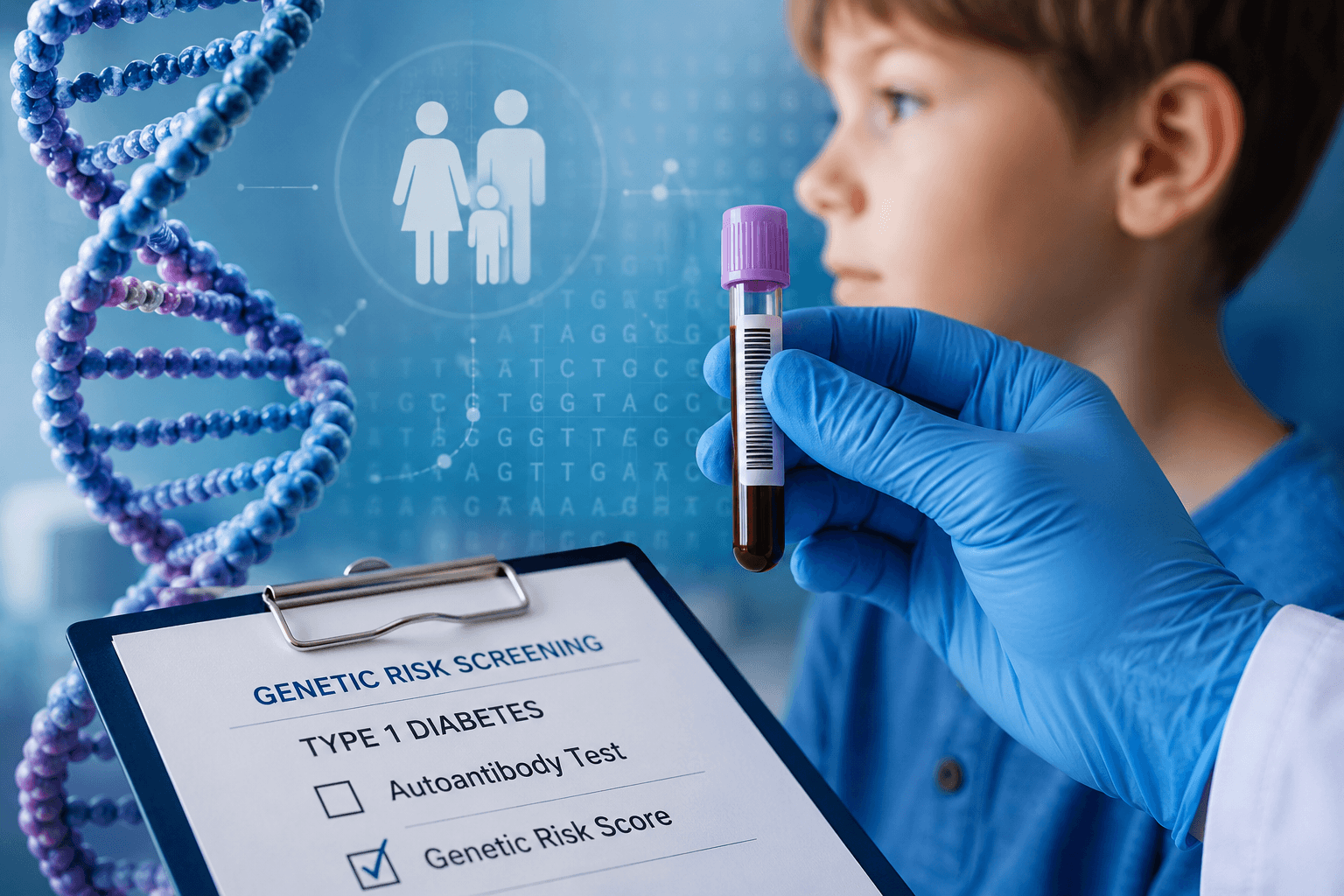 Pediatric genetic screening for type 1 diabetes showing a DNA helix, blood sample, and clinical risk assessment used for early detection of disease risk.