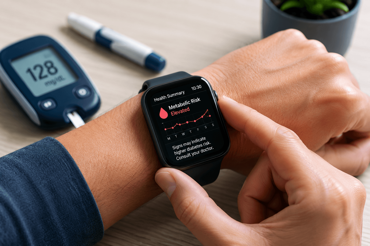 Person wearing a smartwatch displaying metabolic health data alongside a blood glucose meter, illustrating wearable diabetes screening technology.