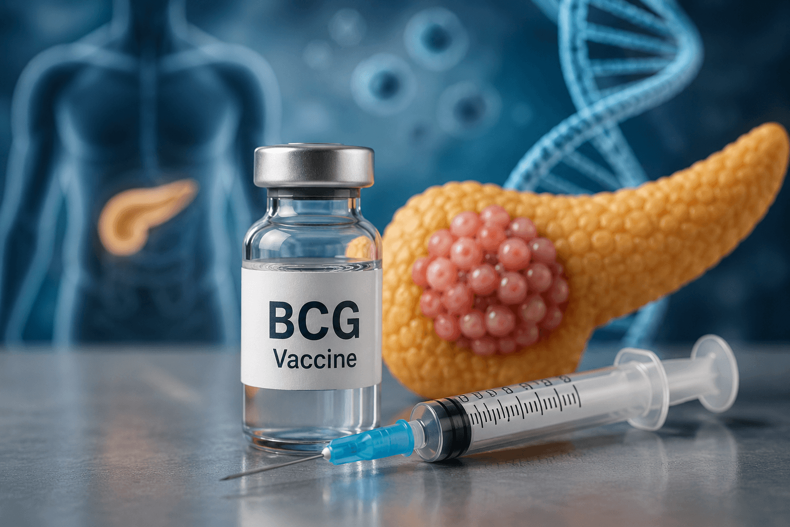 BCG vaccine vial and syringe beside a pancreas model illustrating research into immune therapy for type 1 diabetes.