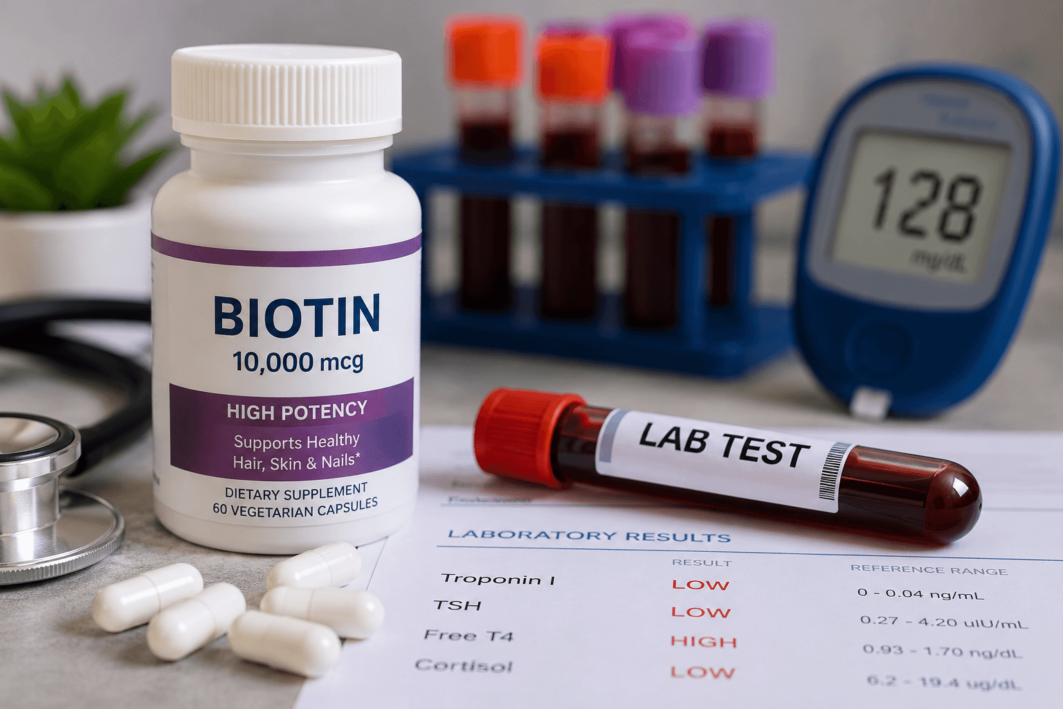 High-dose biotin supplement bottle beside diabetes testing supplies, laboratory blood sample, and thyroid and cardiac lab reports illustrating biotin interference with diagnostic testing.
