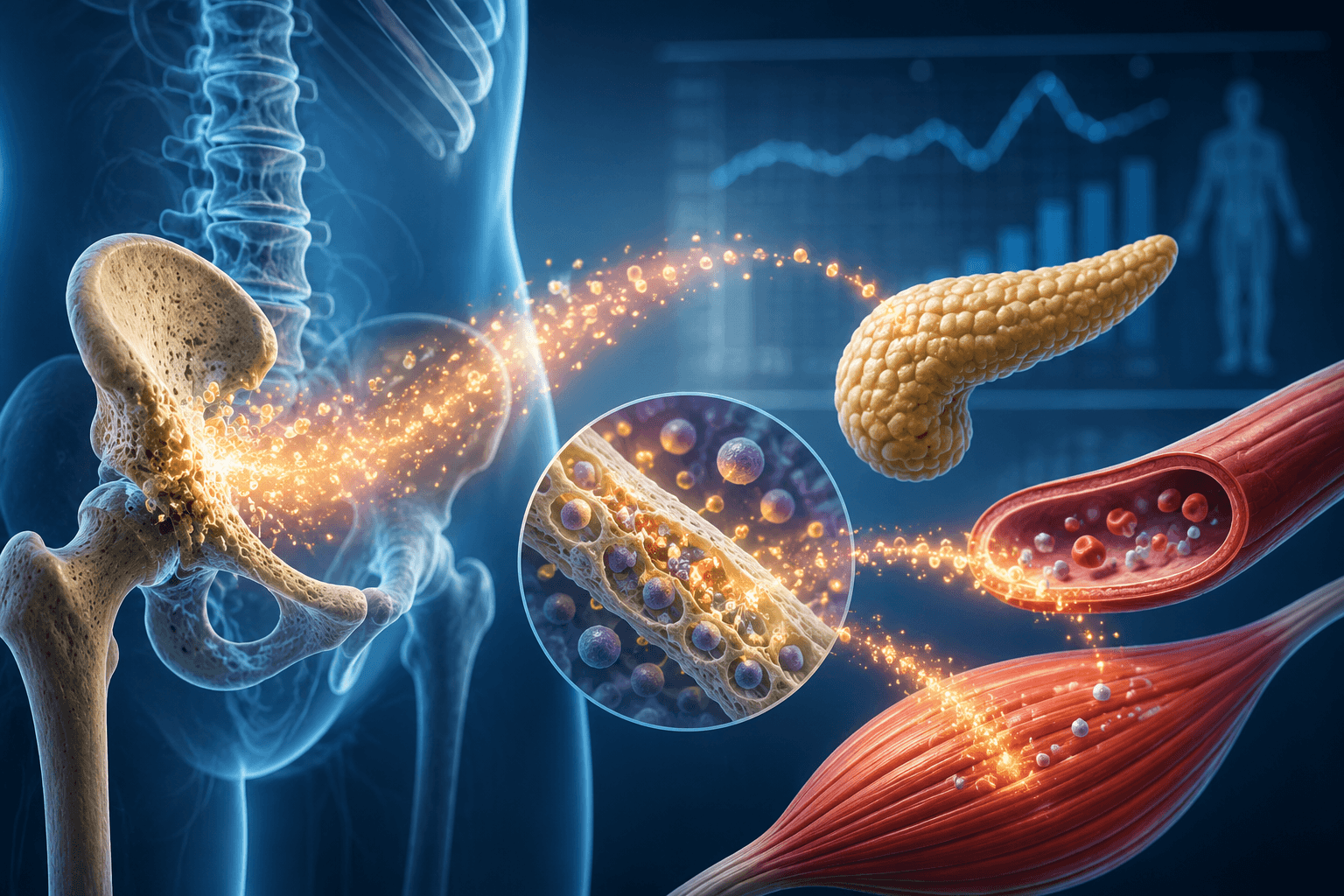 3D medical illustration showing the human skeleton releasing bone hormones that interact with the pancreas, muscles, and blood vessels to influence insulin sensitivity and glucose metabolism.