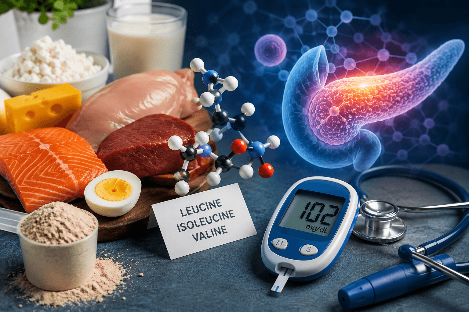 Protein-rich foods alongside a glucose meter and molecular model illustrating how branched-chain amino acid metabolism may influence insulin secretion and diabetes risk.