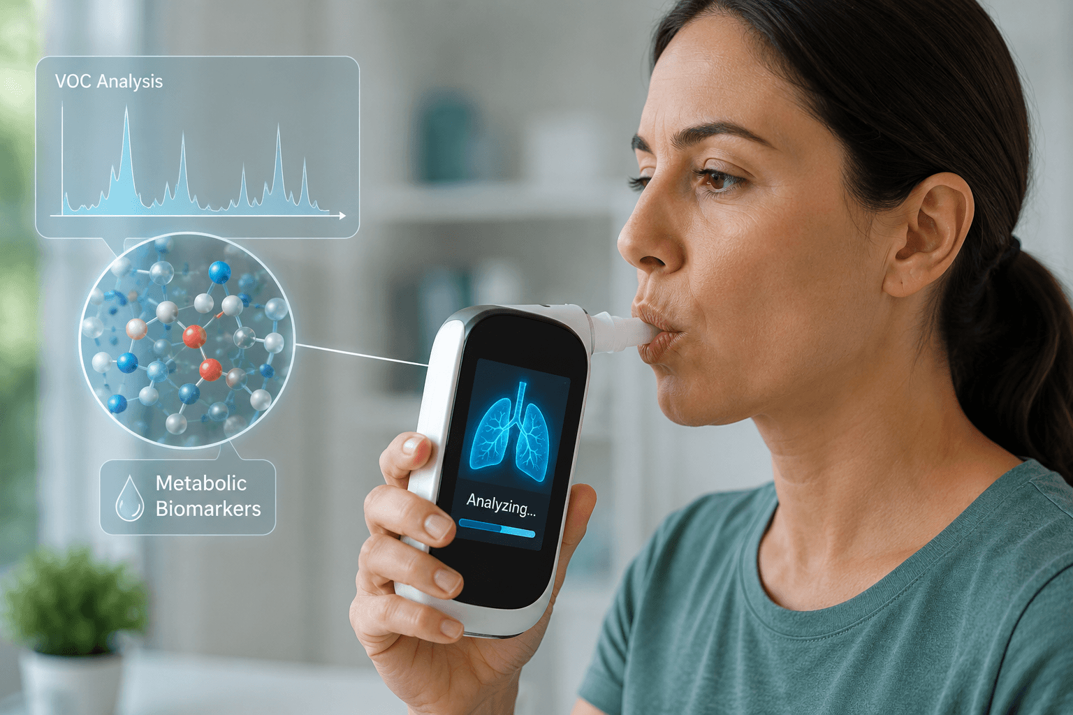 Woman using an advanced breath analyzer that measures metabolic biomarkers for early diabetes detection through breath analysis.