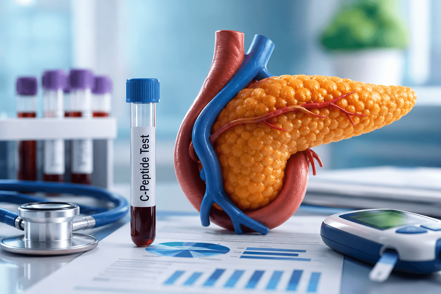 Healthcare professional reviewing C-peptide test results with a pancreatic model, blood sample, and glucose monitoring equipment representing beta-cell function assessment in diabetes care.