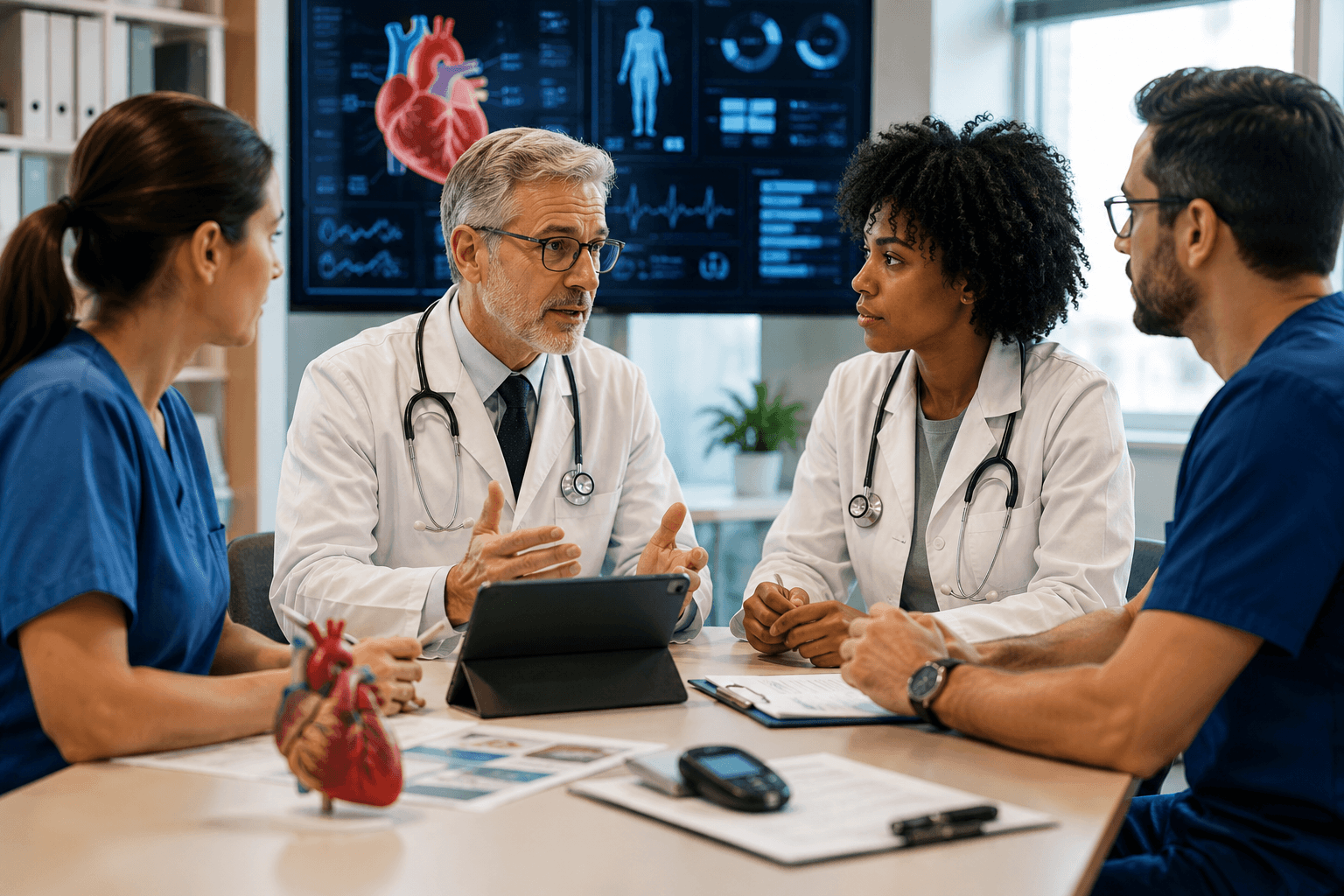 Multidisciplinary healthcare team including a cardiologist and endocrinologist collaborating on diabetes management with cardiovascular risk assessment in a modern clinical setting.