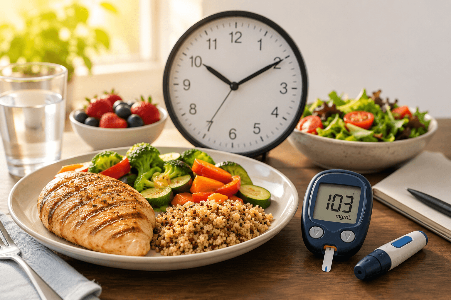 Healthy breakfast with a glucose meter and clock illustrating how meal timing and circadian rhythms influence blood sugar control in people with diabetes.