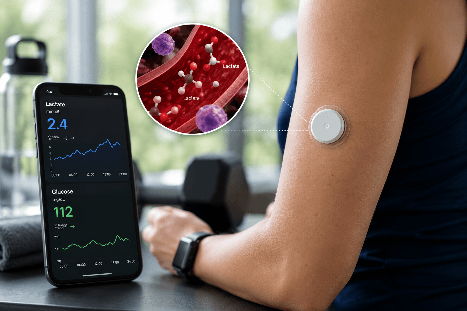 A wearable continuous lactate monitoring sensor displayed alongside a smartphone showing real-time lactate and glucose data during exercise.