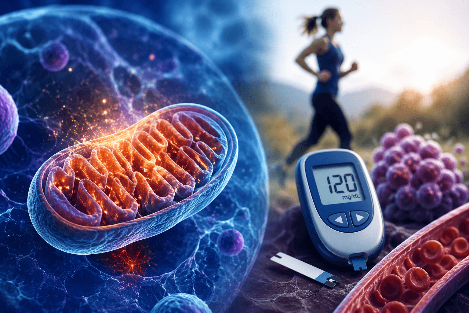 Realistic medical illustration showing healthy and damaged mitochondria inside human cells alongside blood glucose monitoring, representing mitochondrial dysfunction in type 2 diabetes.