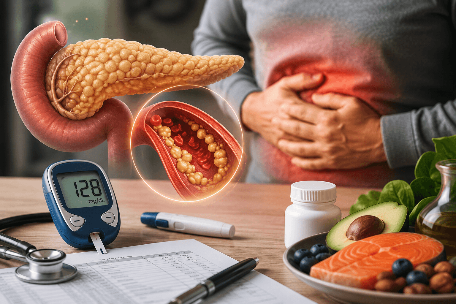 Medical illustration showing the pancreas, elevated triglycerides in the bloodstream, a glucose meter, and a person with abdominal pain representing pancreatitis risk in people with diabetes.