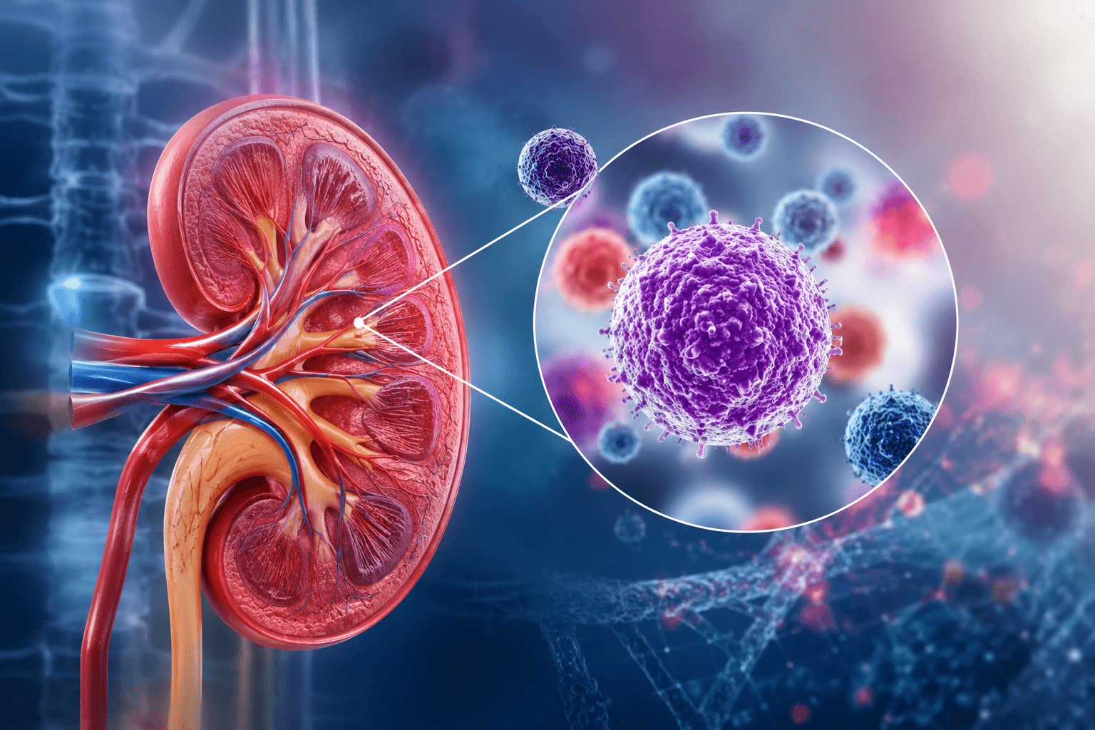Medical illustration showing a human kidney with an enlarged view of immune B-cell activity, representing a newly discovered diabetic kidney disease subtype associated with kidney inflammation.