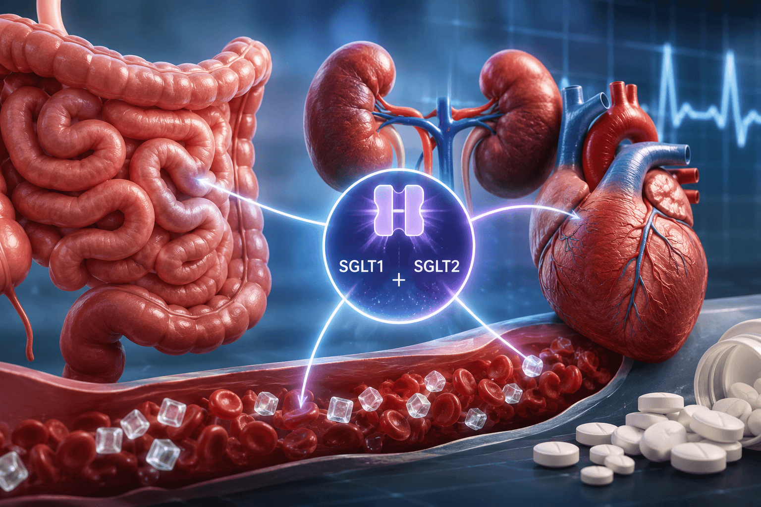 Medical illustration showing the heart, kidneys, and intestines connected by dual SGLT1 and SGLT2 inhibition pathways to represent improved glucose control and heart failure protection.