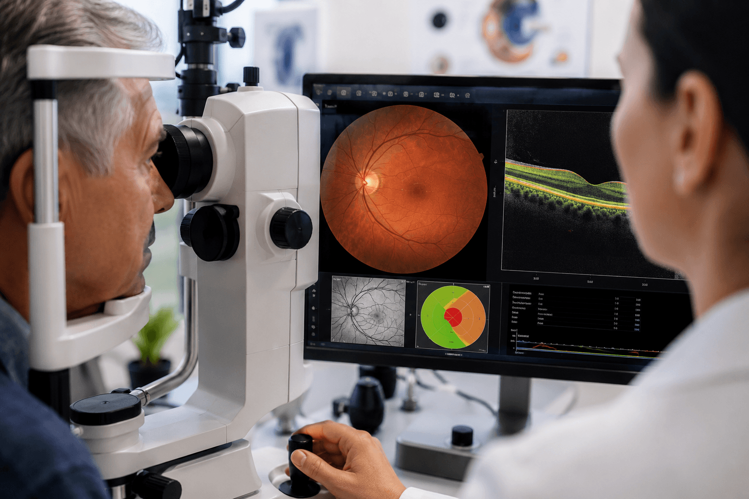 Patient undergoing advanced retinal imaging with OCT scan displaying early retinal changes associated with diabetic eye disease before visible diabetic retinopathy.
