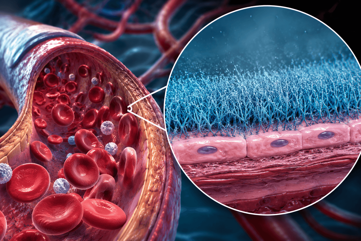 Medical illustration showing the endothelial glycocalyx lining healthy blood vessels with a magnified view of microscopic vascular damage associated with diabetes.