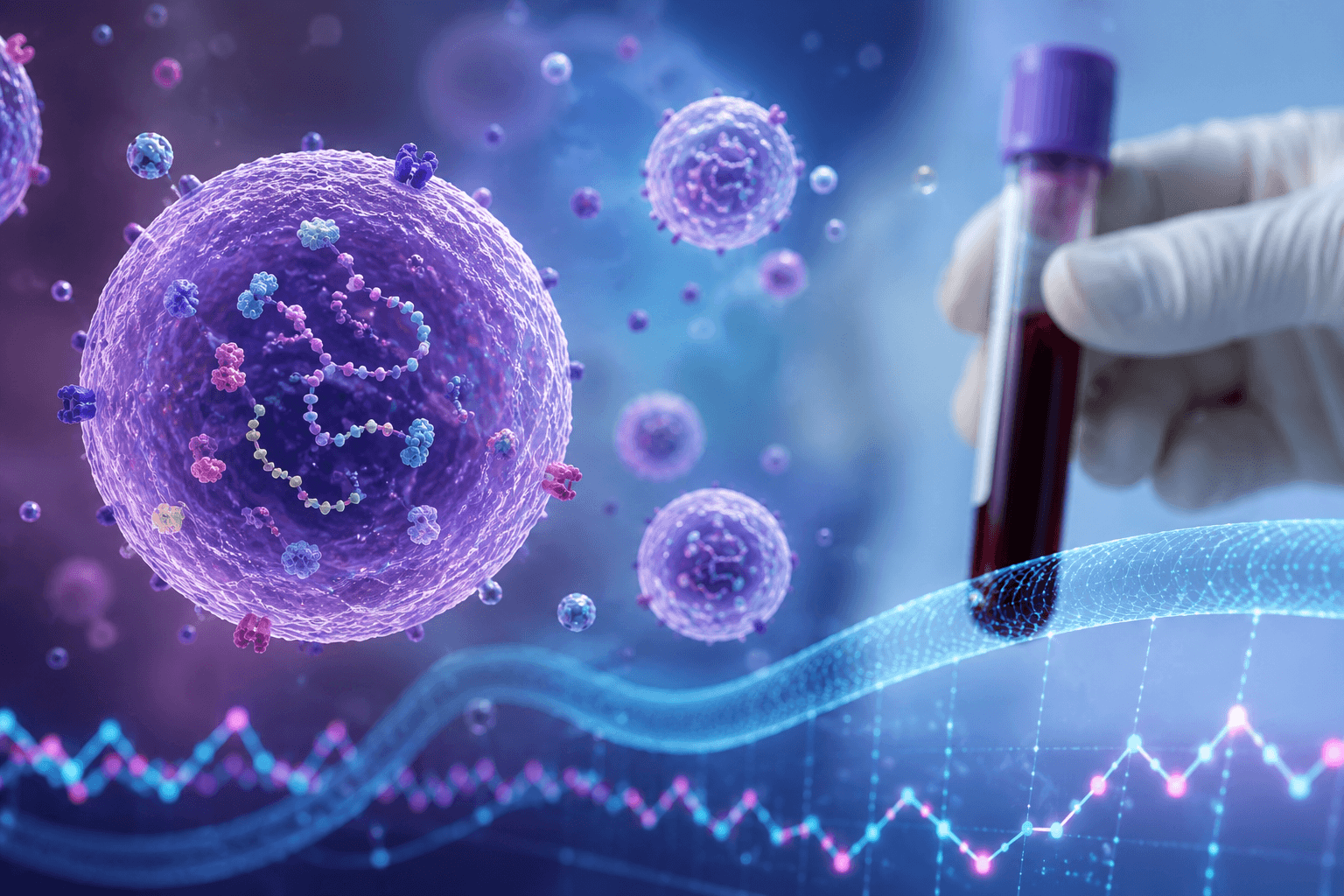 Illustration of extracellular exosomes carrying molecular signals with a blood sample and digital medical data representing early diabetes biomarker research.