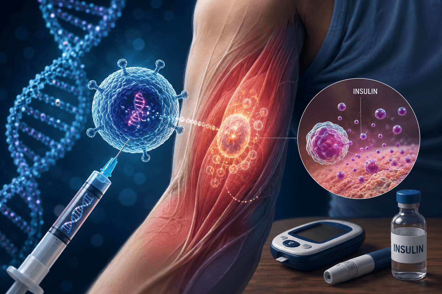 3D medical illustration showing skeletal muscle engineered through gene therapy to produce insulin, with DNA strands, gene delivery vectors, and glucose regulation concepts representing future treatment for type 1 diabetes.