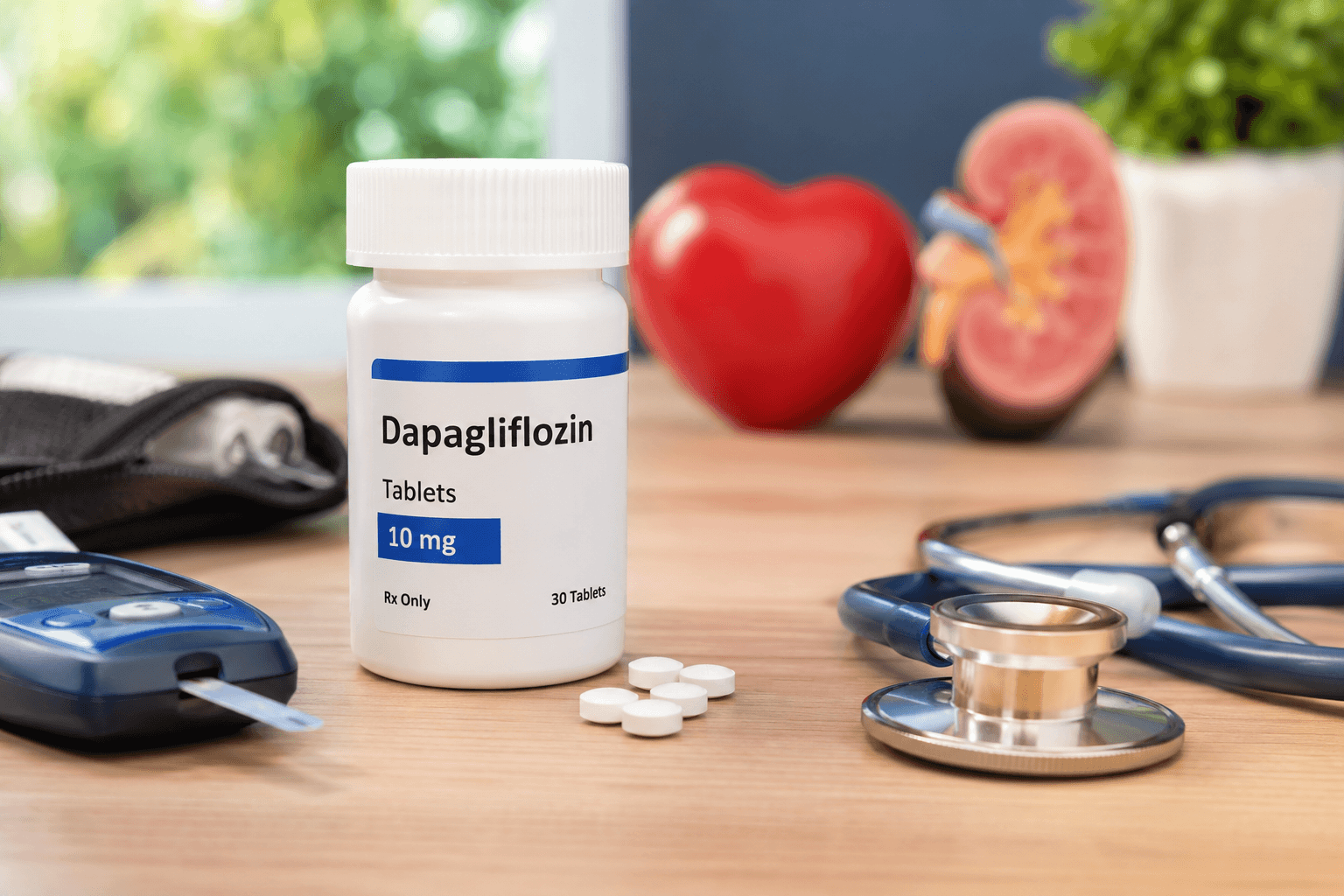 Prescription bottle of generic dapagliflozin (Farxiga) beside a blood glucose meter, stethoscope, heart model, and kidney model representing diabetes, cardiovascular, and kidney care.