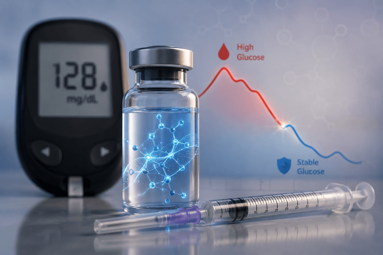 Illustration of glucose-responsive insulin technology showing a smart insulin vial, syringe, blood glucose monitor, and molecular structures representing glucose-activated insulin therapy.