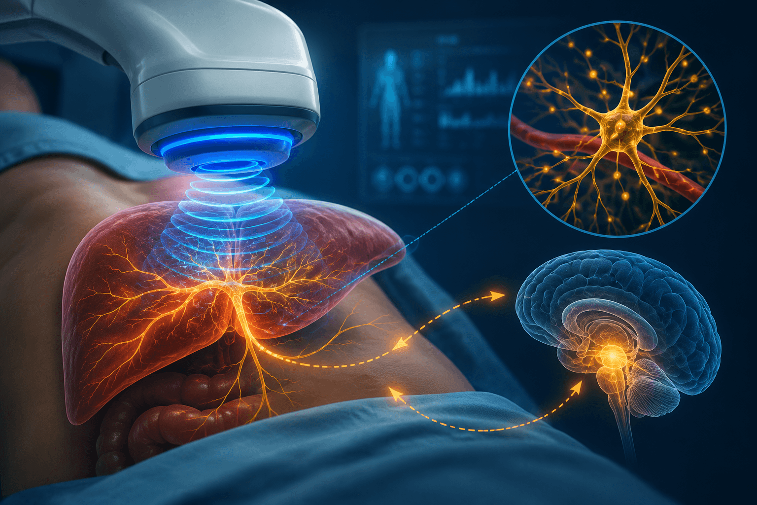 Illustration of focused ultrasound targeting the liver to stimulate neural pathways involved in glucose regulation and insulin sensitivity for type 2 diabetes treatment.