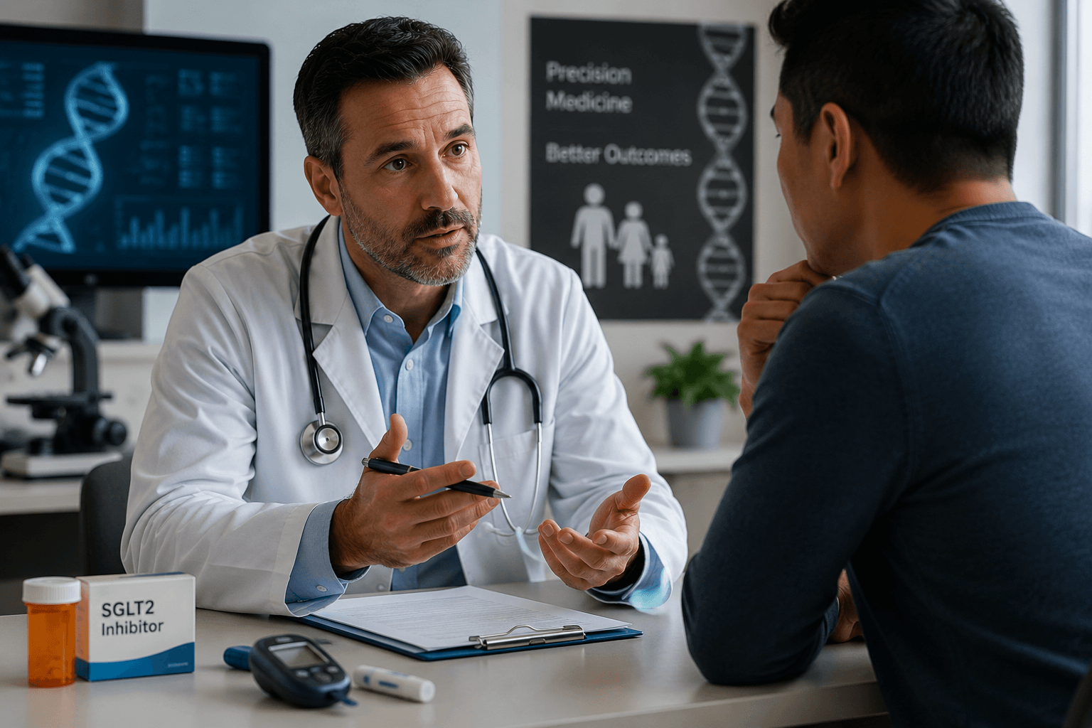 Endocrinologist discussing precision treatment options with a patient diagnosed with HNF1A-MODY while reviewing genetic testing and diabetes management results.