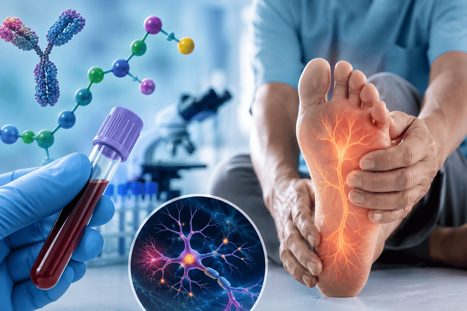 Illustration of IgG glycosylation biomarkers, laboratory blood analysis, and peripheral nerves representing early detection of diabetic neuropathy in people with diabetes.