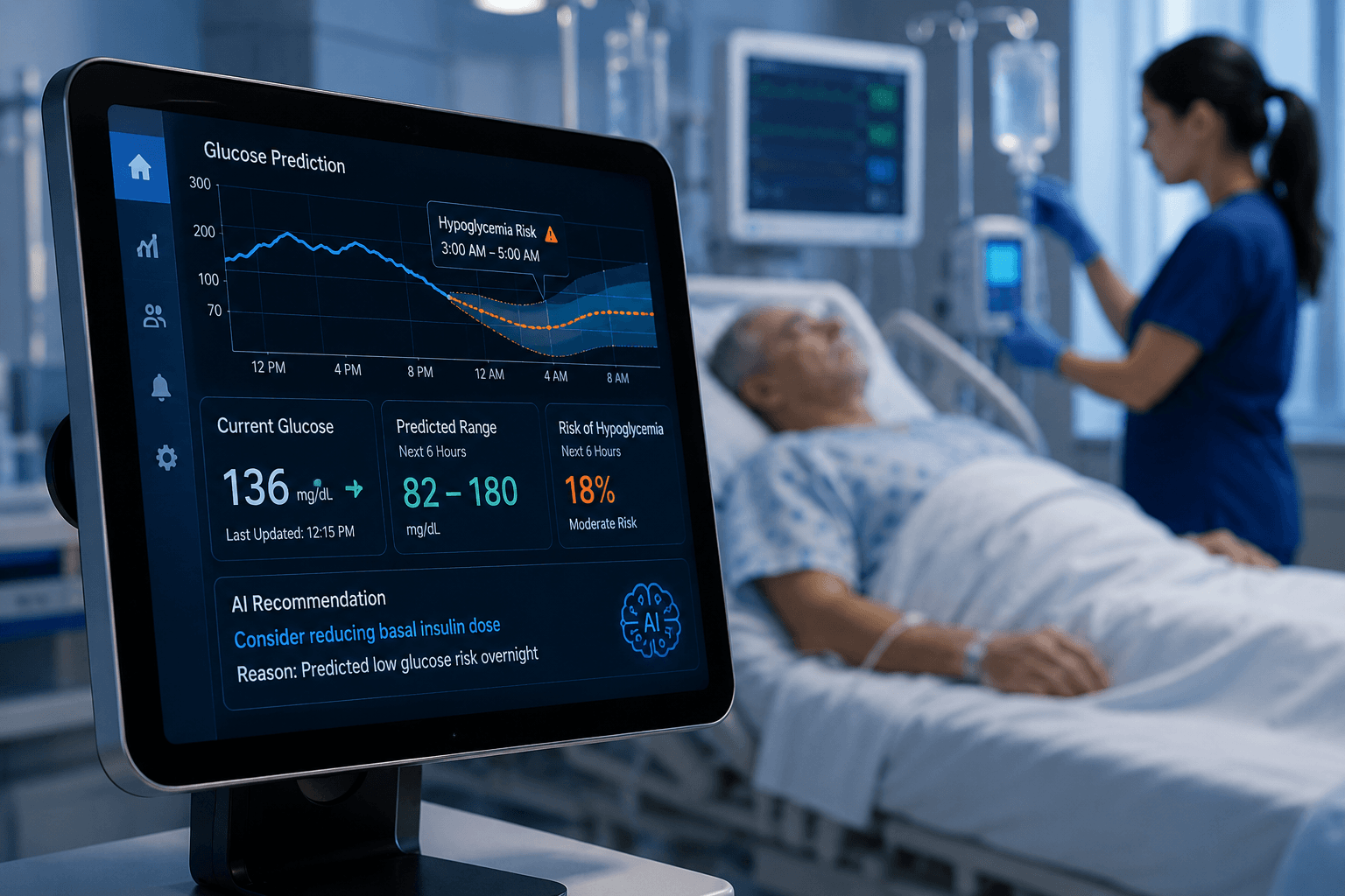 Hospital clinician using an AI-powered glucose prediction dashboard to optimize inpatient insulin dosing and improve diabetes management.